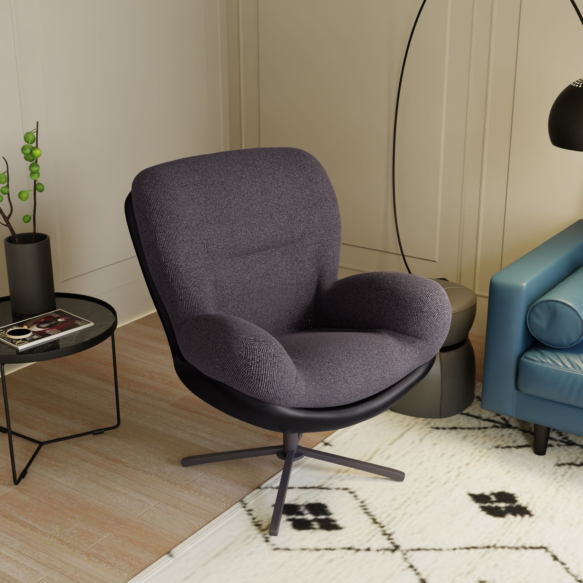 360 Swivel Accent Chair, Modern Chenille Lounge Chair With Faux Leather And Black Metal Base Frame, Comfortable Reading Chair For Small Spaces, Living Room, Bedroom, Reading Corner, Office, Dark Gray Black,Dark Gray Brown Primary Living Space