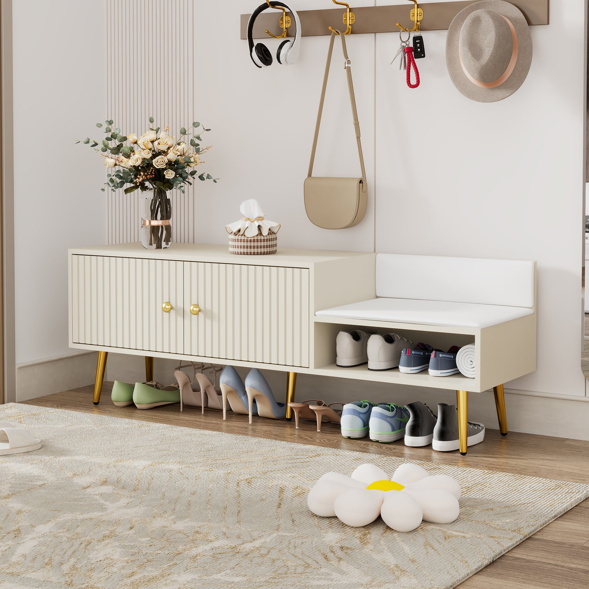 Modern Shoe Storage Bench With Hidden Storage And Upholstered Cushions For Bedside, Living Room And Entryway Antique White Antique White Mdf Metal