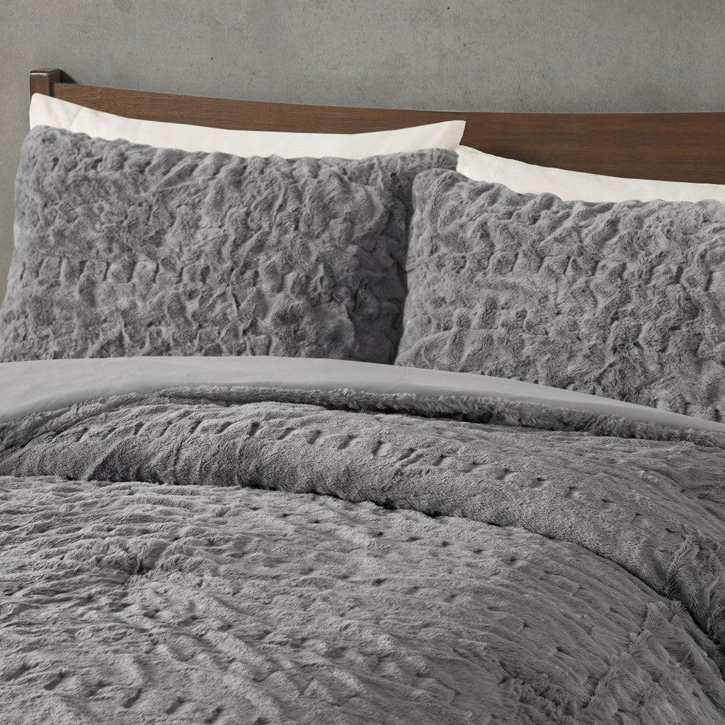 Ruched Fur Down Alternative Comforter Set King Grey Polyester