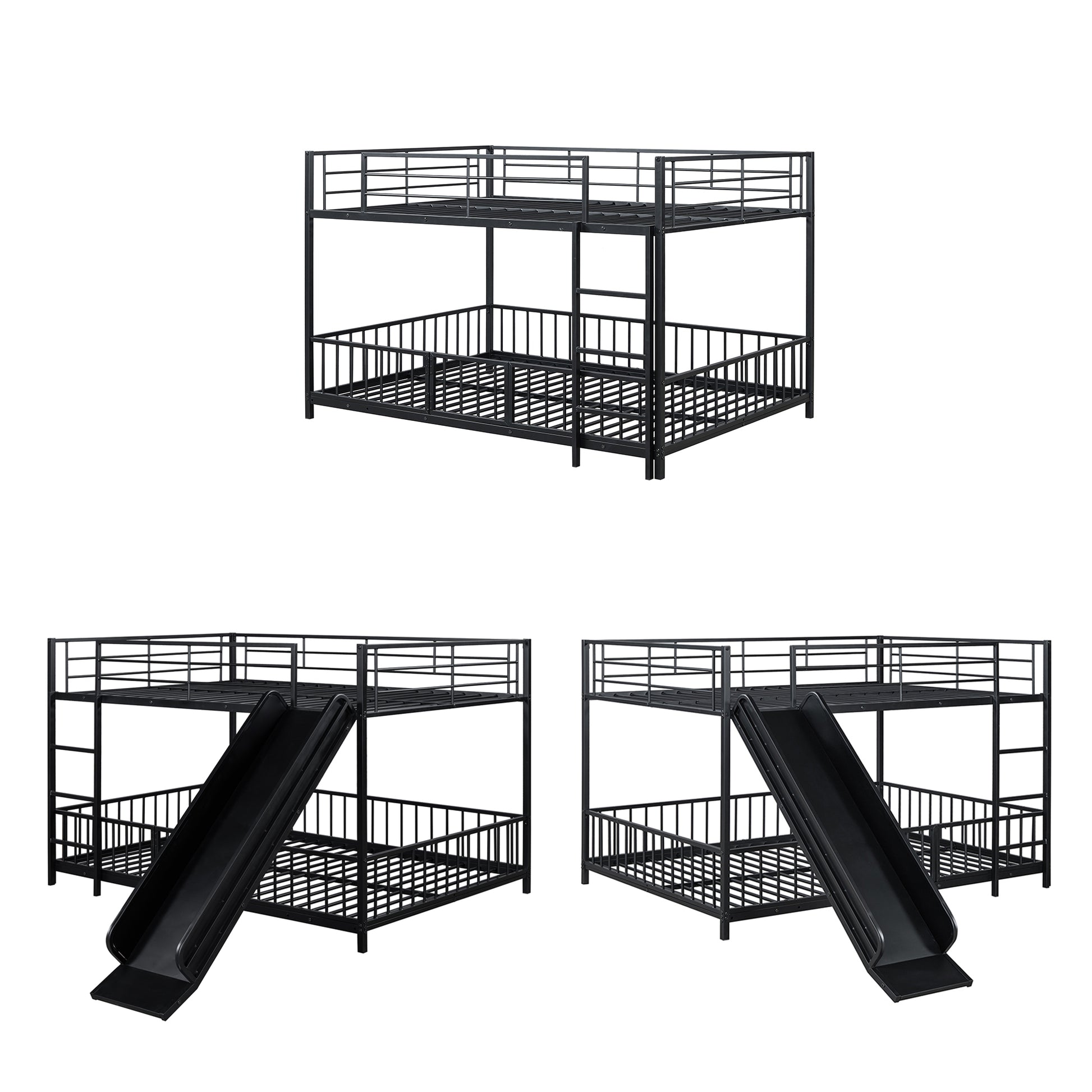 Full Over Full Size Metal Bunk Bed With Slide And Guardrails, Black Full Black Metal