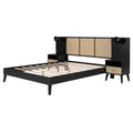 Queen Size Solid Wood Bed Frame With 2 Nightstands, Elegant Design With Lamps, Rattan And Wood Combination,Black Queen Black Wood