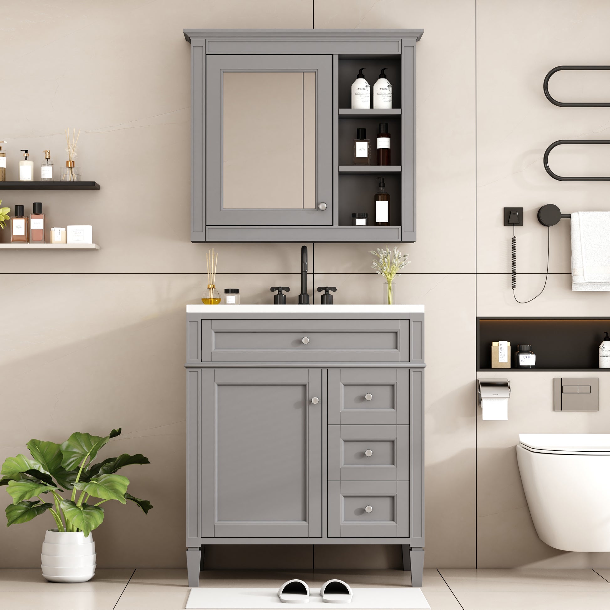 30'' Bathroom Vanity With Top Sink, Modern Bathroom Storage Cabinet With 2 Drawers And A Tip Out Drawer, Freestanding Vanity Set With Mirror Cabinet, Single Sink Bathroom Vanity 3 Grey Bathroom Solid Wood Mdf Resin Painted