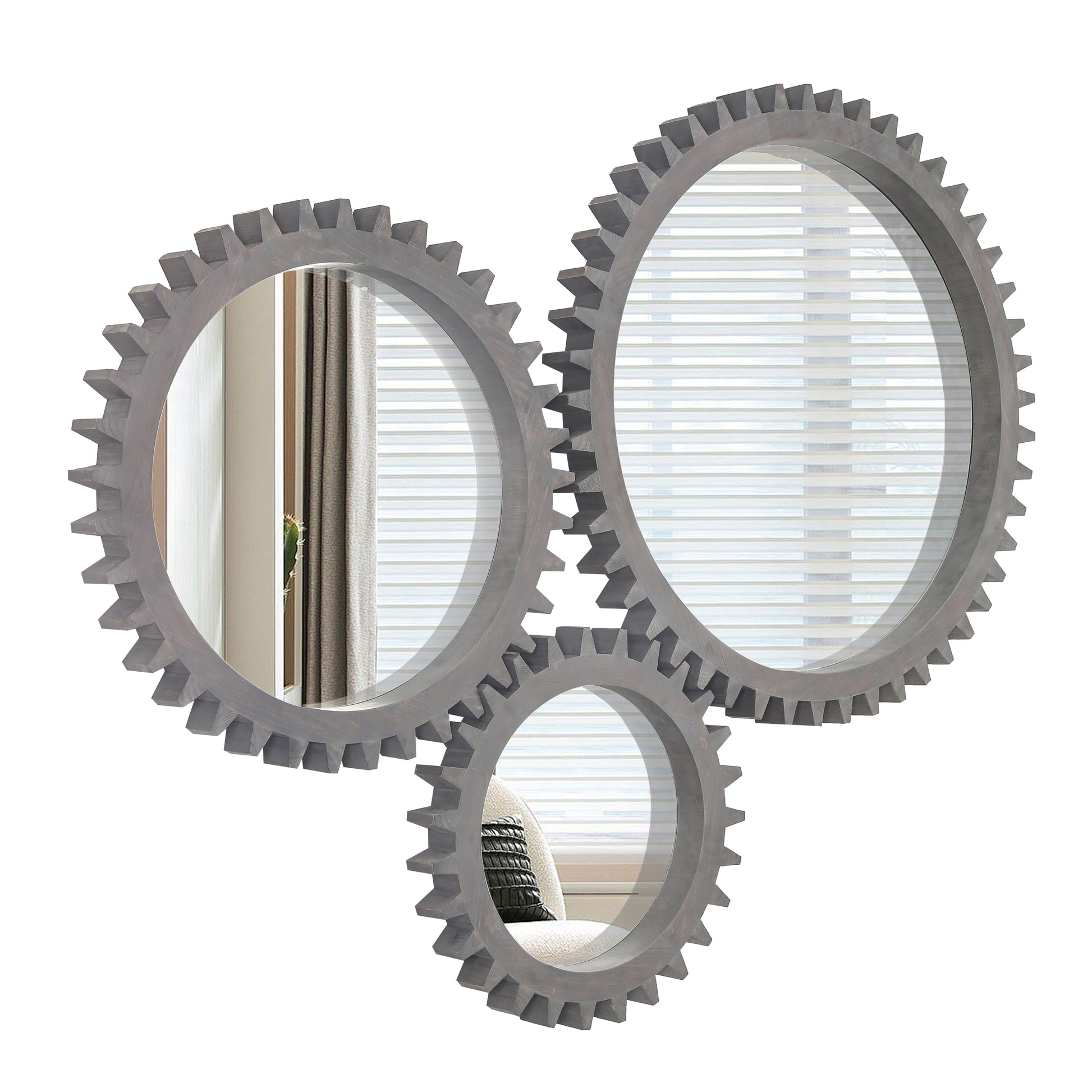 Vintage 26'' X 26'' Wall Wood Round Hanging Gear Shape Heavy Decorative Mirror For Bathroom Living Room Entryway Or Put Together To Your Liking Antique Dark Brown Dark Brown Antique Glass Mirror