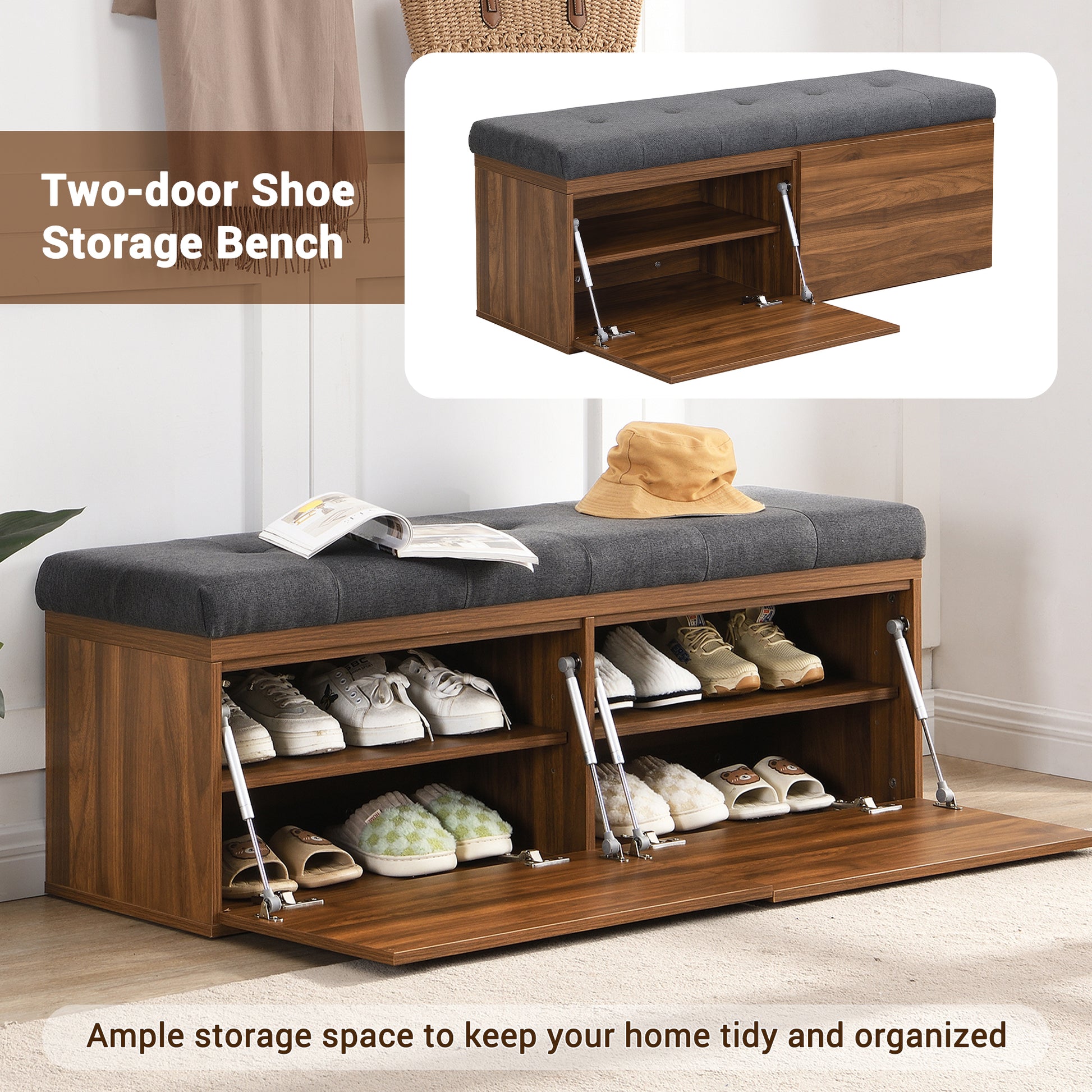 49" Shoe Storage Bench Entryway Shoe Cabinet Storage Ottoman With Padded Seat Cushion And Double Doors For Entryway, Hallway And Bedroom, Dark Grey Cushioned Dark Gray Linen Or Linen Blend Solid