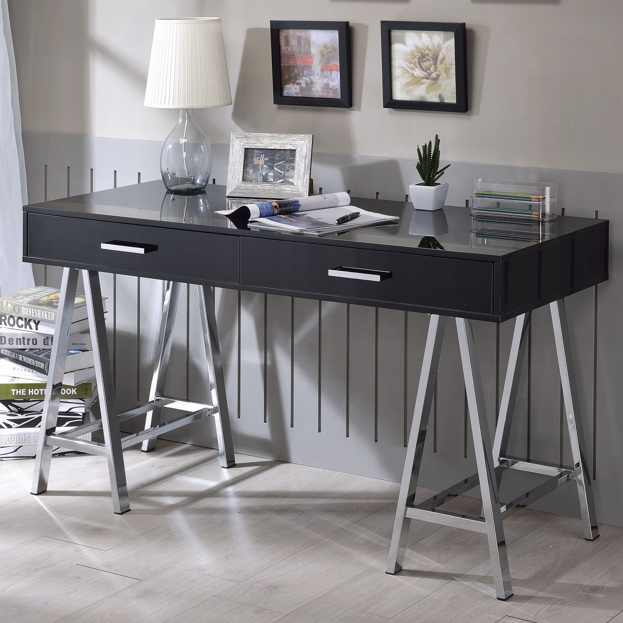 Black High Gloss And Chrome 2 Drawer Writing Desk Black Silver Writting Desk Office Modern Rectangular Drawers Rectangular Wood Metal