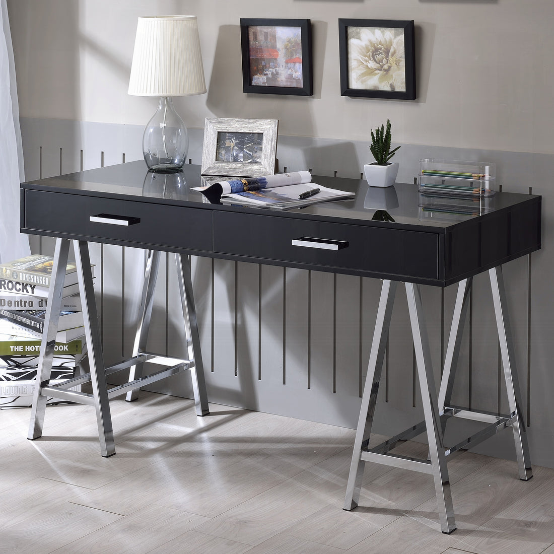 Black High Gloss And Chrome 2 Drawer Writing Desk Black Silver Writting Desk Office Modern Rectangular Drawers Rectangular Wood Metal