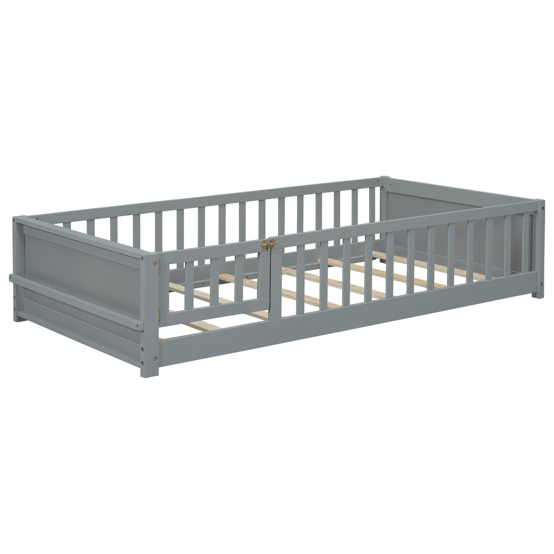 Twin Size Floor Platform Bed With Built In Book Storage Rack, Door,Grey Twin Grey American Design Pine