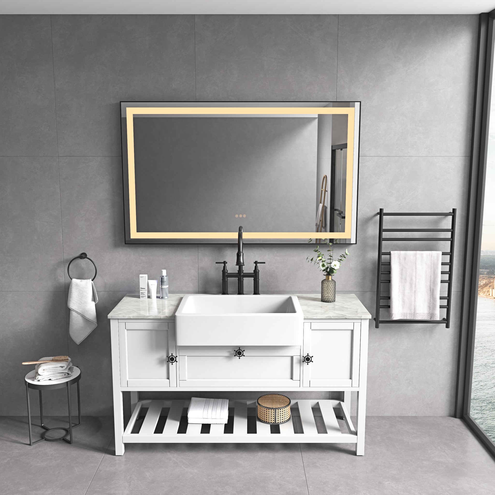 72 X 36 Inch Led Bathroom Mirror With Aluminum Frame, Wall Mounted Vanity Mirror, Anti Fog, Memory, 3 Colors, Stepless Dimmable Matte Black Aluminium,Glass