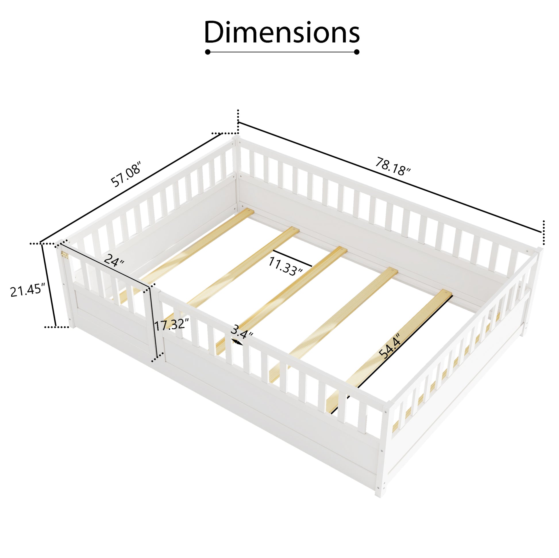 Full Size Floor Bed, Integral Construction With Super High Security Barrier, Door, Children'S Floor Bed Frame, Montessori Wooden Children'S Floor Bed, Support Slat White Box Spring Required Full White Wood Brown Bedroom American Design,Artsy Pine Bed