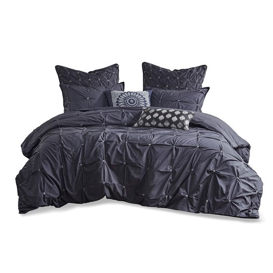 3 Piece Elastic Embroidered Cotton Duvet Cover Set Queen Dark Navy Cotton