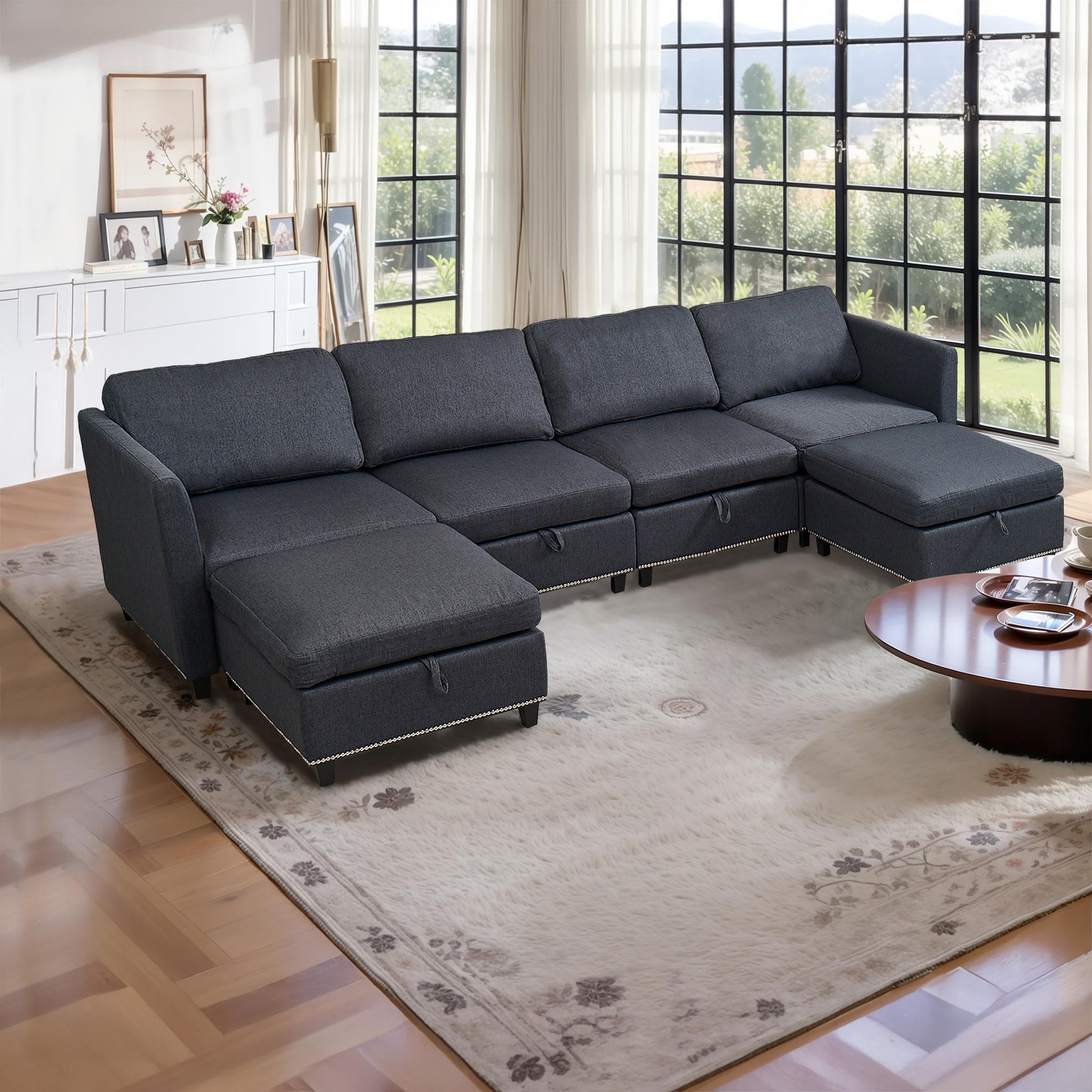 Convertible Sectional Sofa With Storage Seat 6 Seat Sofa With Reversible Chaise U Shaped Sectional Couch For Living Room,Dark Grey Black Fabric 6 Seat