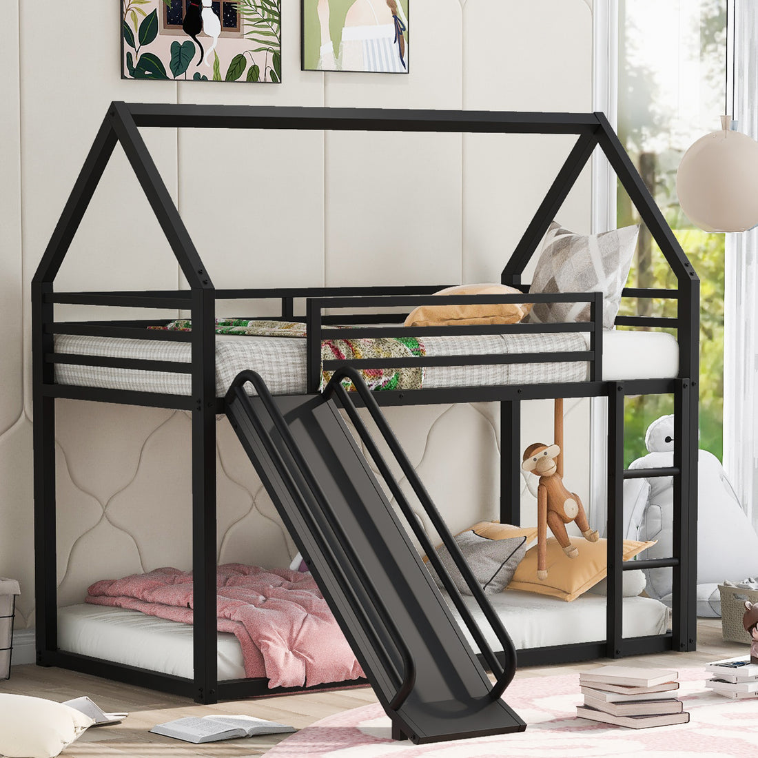 Twin Over Twin House Bunk Bed With Ladder And Slide,Black Twin Black Metal