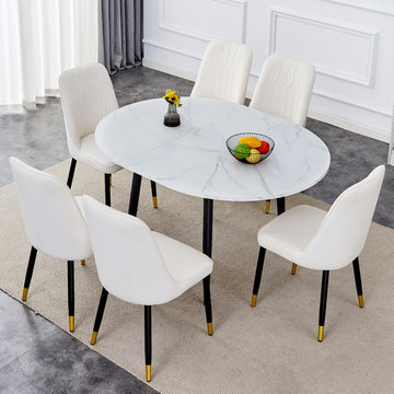 Table And Chair Set.Modern Extendable Mdf Dining Table.The Table Has A Telescopic Design, Suitable For Gatherings Of Different Size.Paired With 6 Chairs With Pu Cushions And Black Metal Legs. White Black Seats 6 Mdf Metal