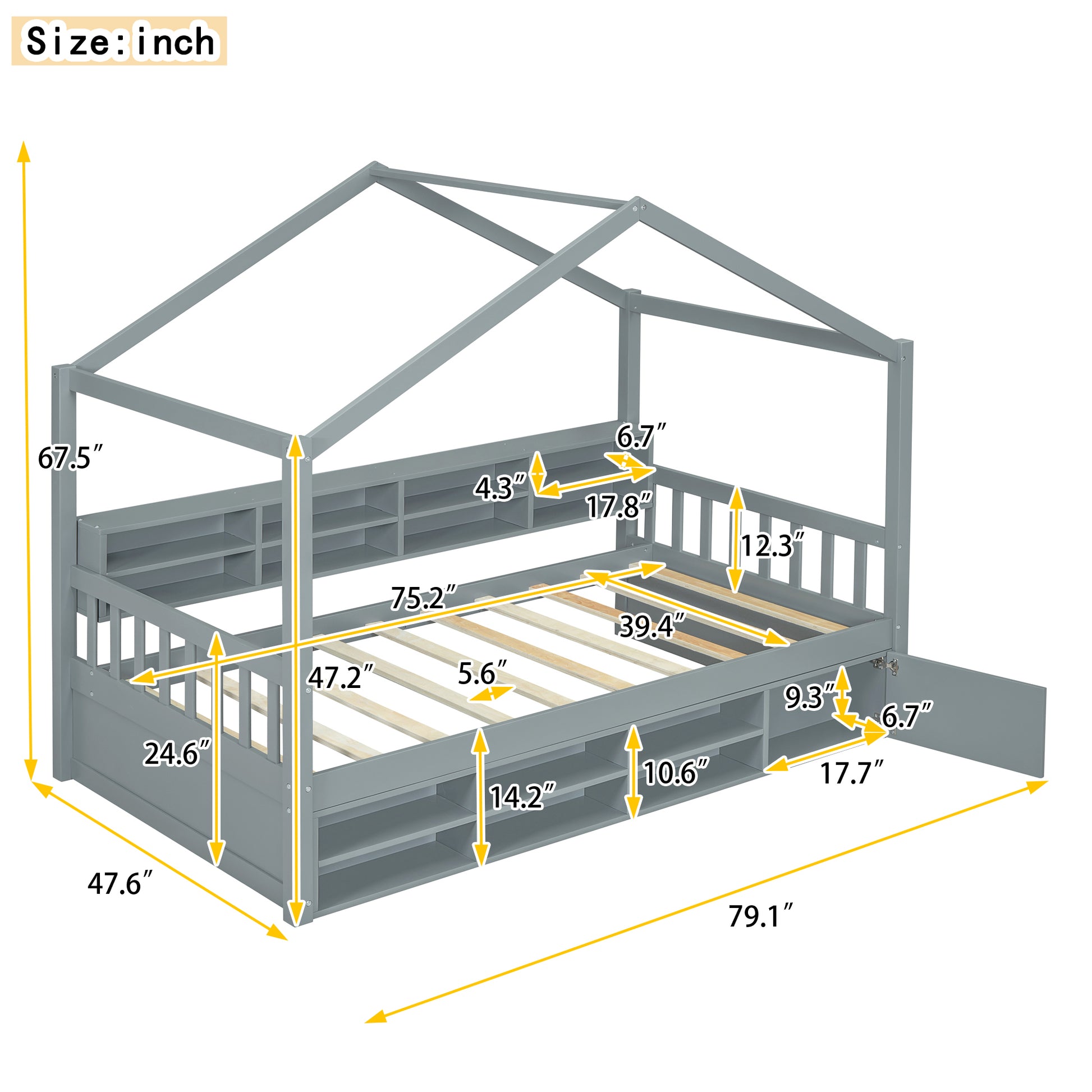 Twin Size Wooden House Bed With Shelves And A Mini Cabinet, Gray Twin Box Spring Not Required Gray Wood Bedroom Pine Bed Frame Wood