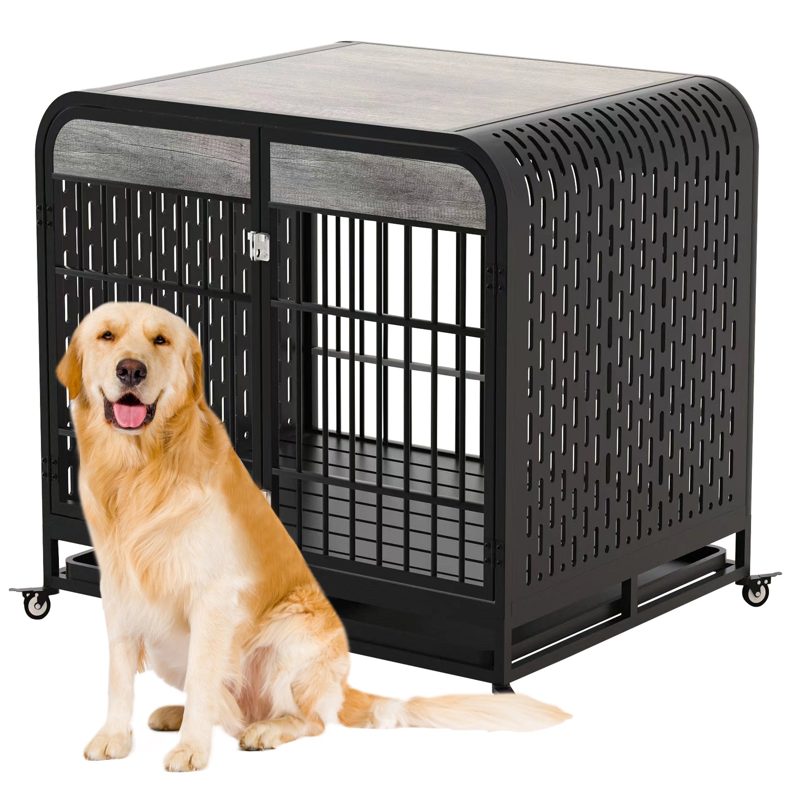 Heavy Duty Dog Crate Furniture Wooden Table Pet Dog Cage Kennel House Indoor Side End Table Decor With Removable Trays And Lockable Wheels For Medium And Large Dogs 42" Grey Grey Outdoor Kennel Large 41 70 Lbs Mdf Steel