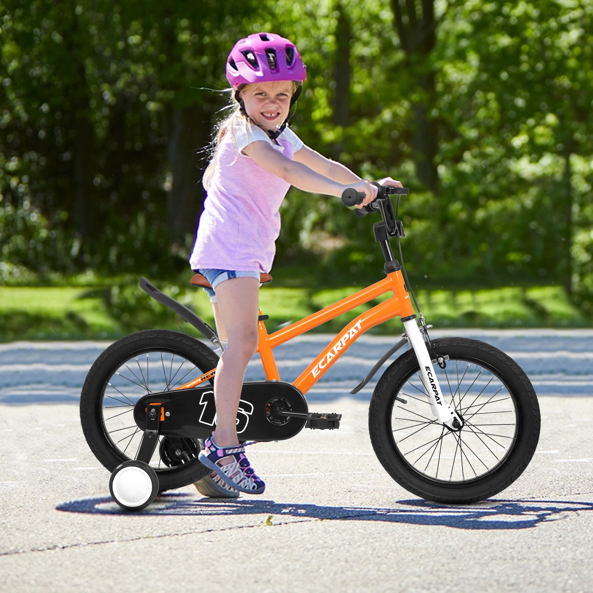 A16114 Kids Bike 16 Inch For Boys & Girls With Training Wheels, Freestyle Kids' Bicycle With Fender. Orange Steel