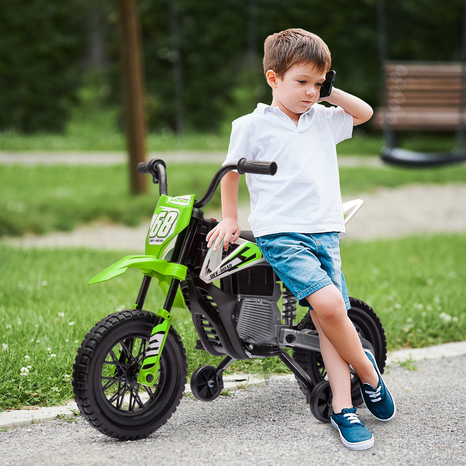 Qaba Kids Dirt Bike With Twist Grip Throttle, 12V Electric Motorcycle, Electric Bike For Toddler With Training Wheels, Rear Suspension & Music For Ages 3 6 Years, Green Green Plastic