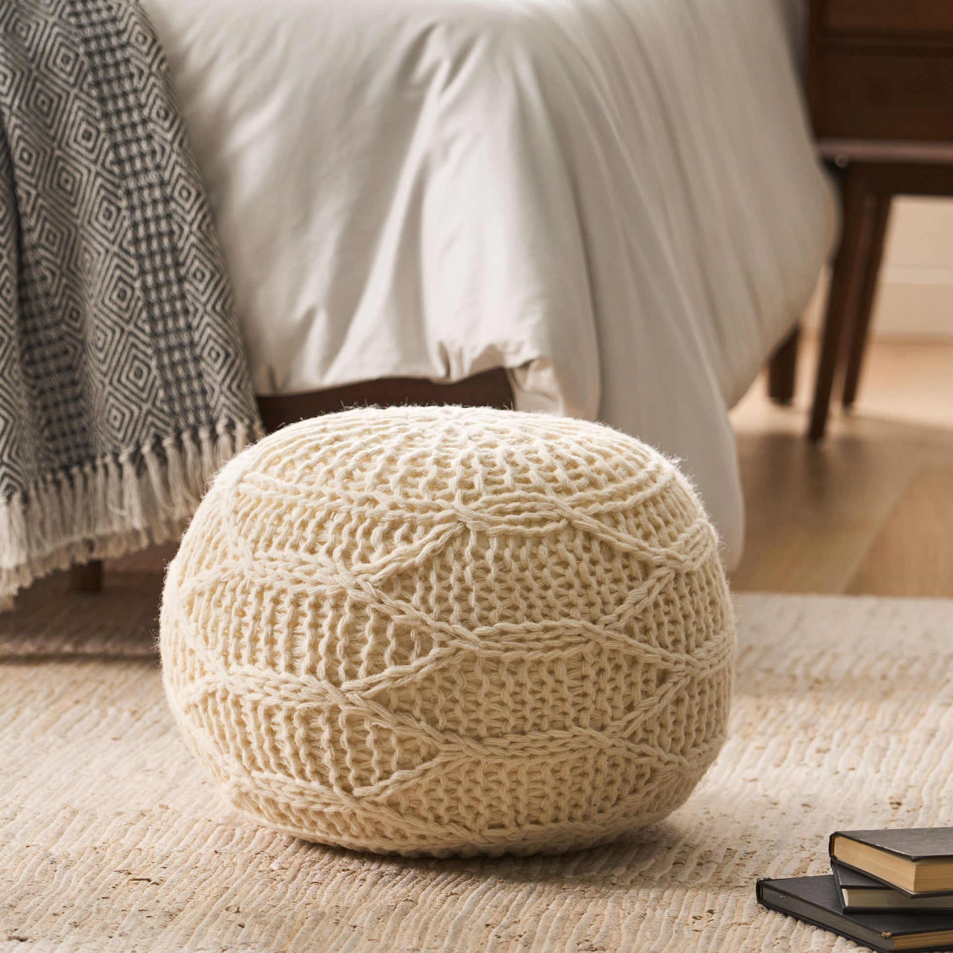 Malibu Knitted Wool 20 X 20 Round Pouf Cream Wool