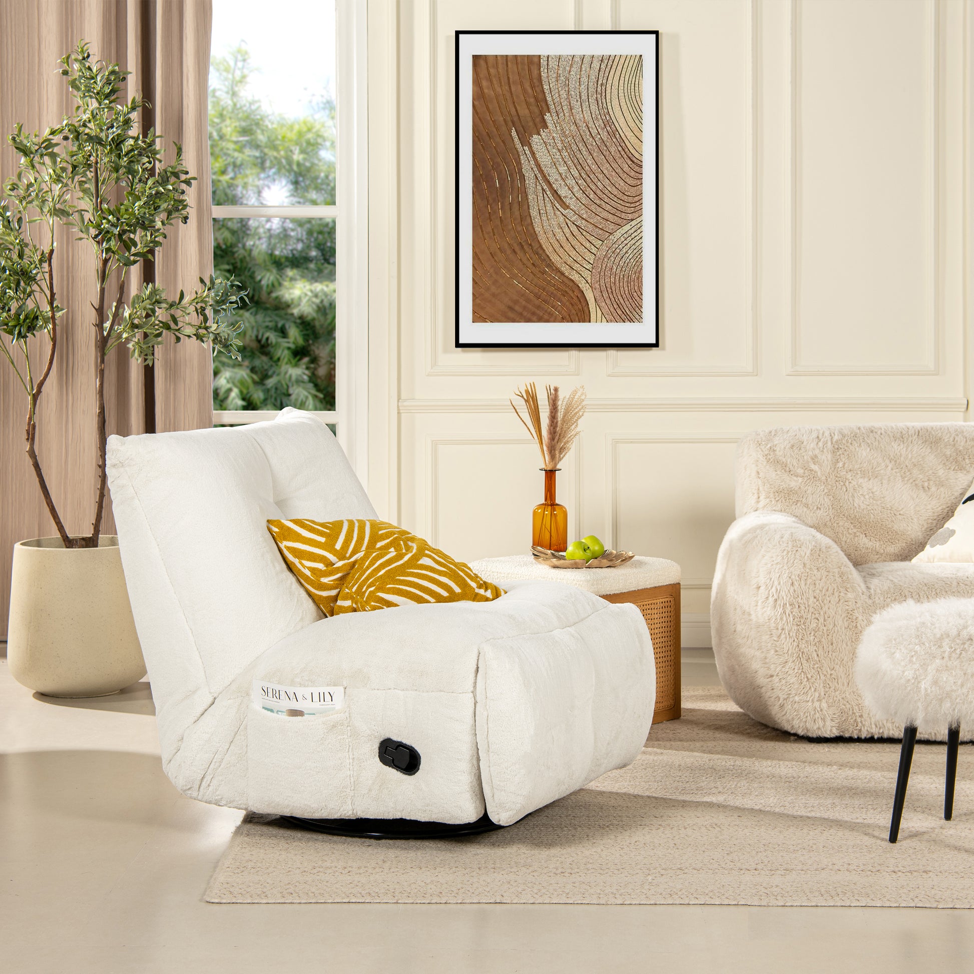 Rearden 35.5" Swivel Glider Manual Recliner Gaming Lounge Chair, Pearl White Short Faux Fur White Foam Faux Fur