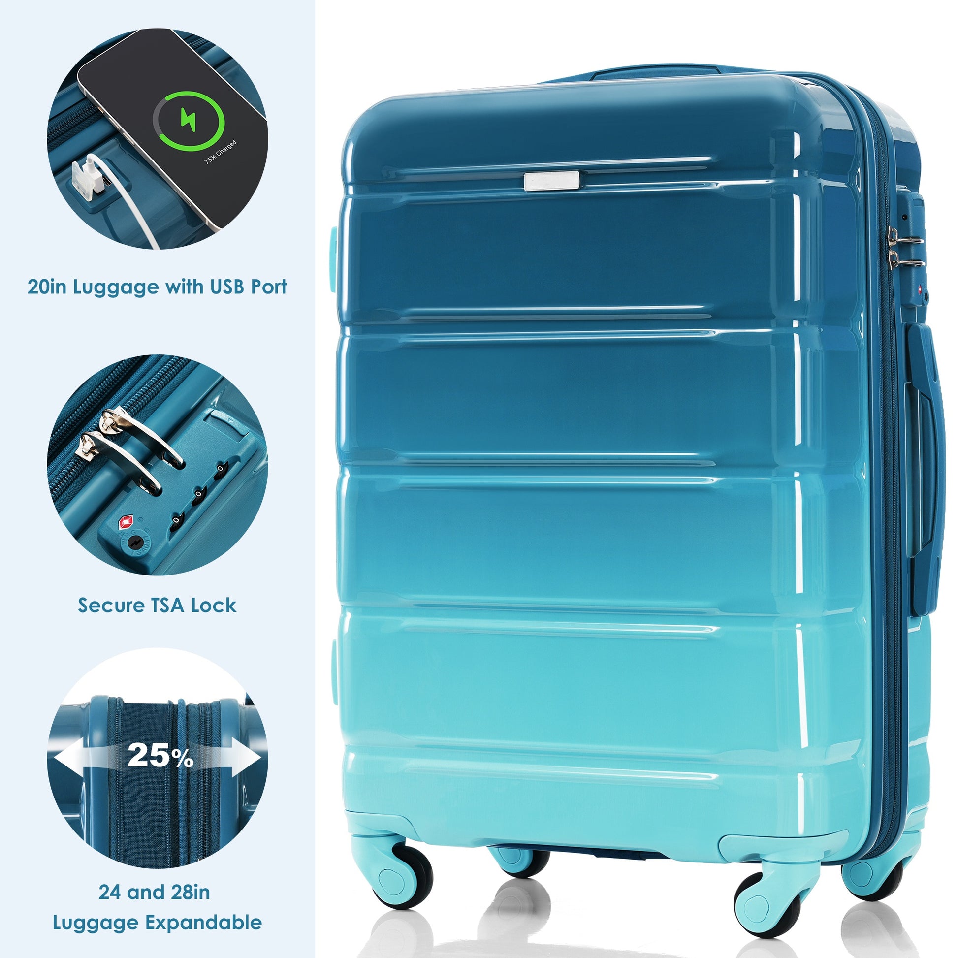 Luggage Set Of 3, 20 Inch With Usb Port, Airline Certified Carry On Luggage With Cup Holder, Abs Pc Hard Shell Luggage With Spinner Wheels, Blue Blue Abs Pc