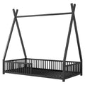 Metal Twin Size House Platform Bed With Triangle Structure And Guardrail, Black Expected Arrival Time: 9.7 Box Spring Not Required Twin Black Metal Metal