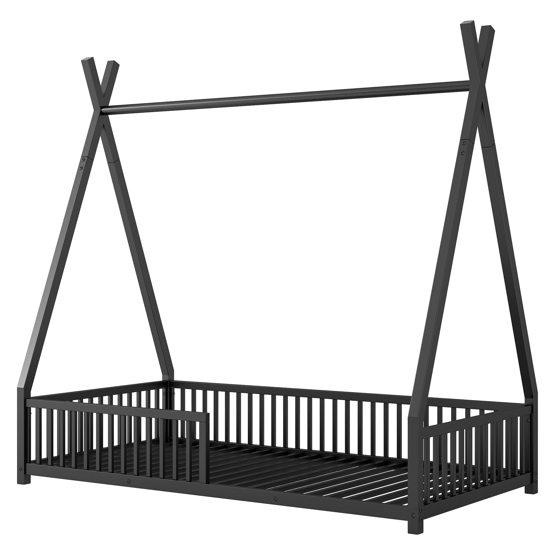 Metal Twin Size House Platform Bed With Triangle Structure And Guardrail, Black Expected Arrival Time: 9.7 Box Spring Not Required Twin Black Metal Metal