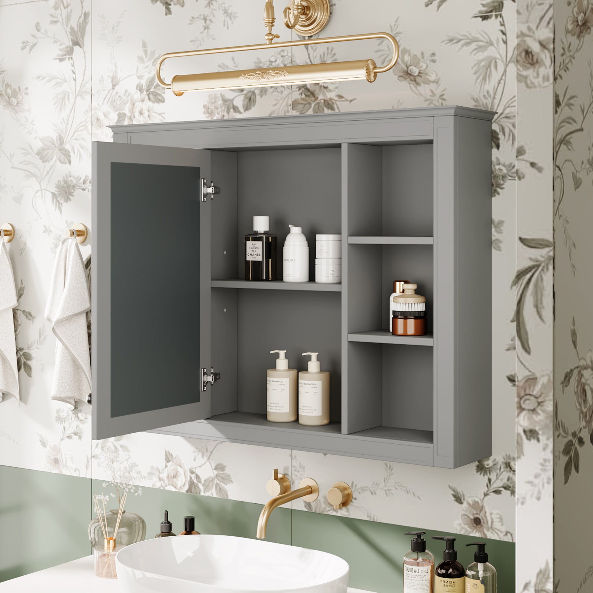 35'' X 27.5'' Medicine Cabinet, Wall Mounted Bathroom Storage Cabinet, Modern Bathroom Wall Cabinet With Mirror, Mirror Cabinet With 6 Open Shelves Not Include Bathroom Vanity Grey 1 5 Mirror Included Bathroom Wall Mounted Mdf Painted