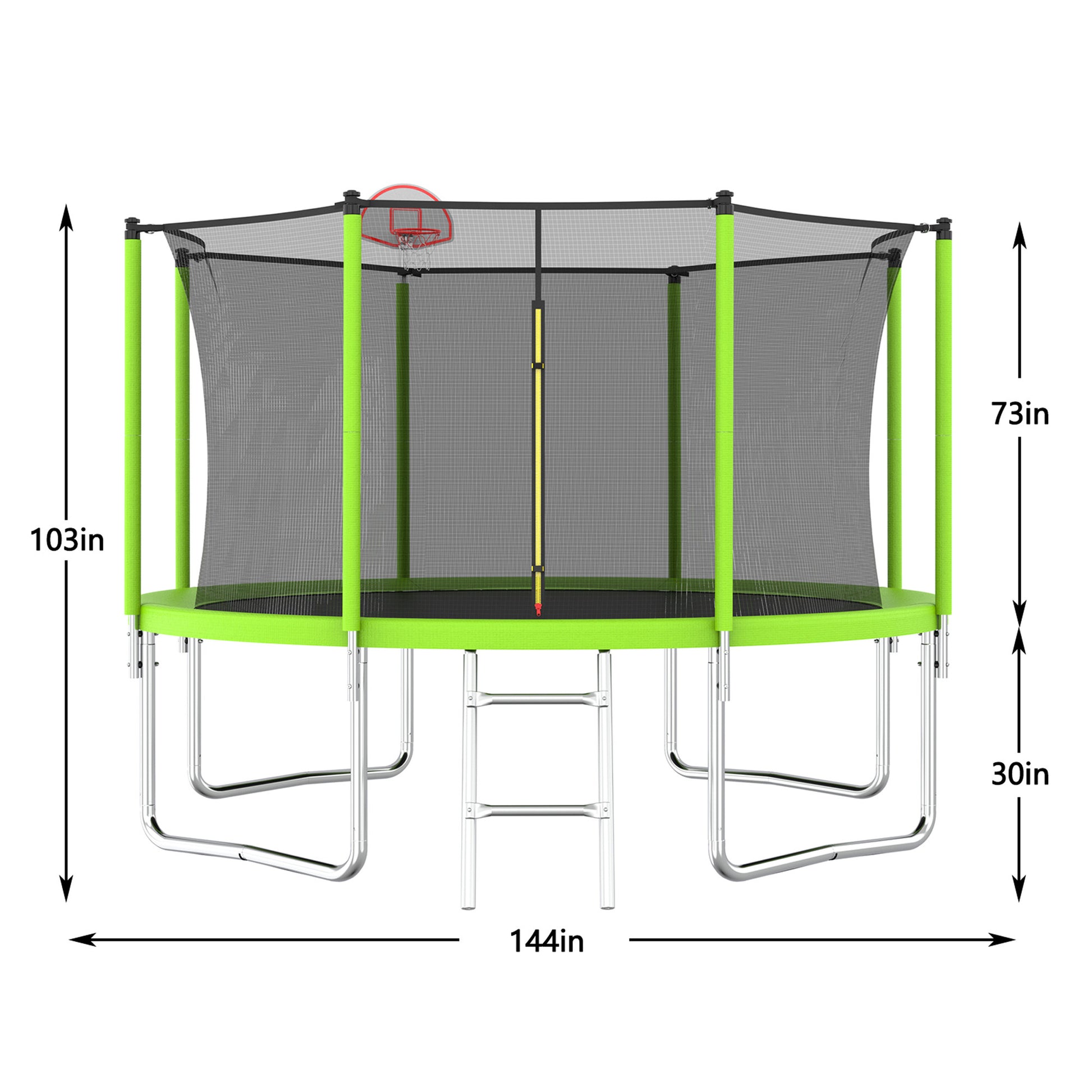 12Ft Trampoline Green For Kids & Adults With Basketball Hoop And Ball ,Recreational Trampolines With Safety Enclosure For Back Yard Outdoor Green Metal