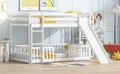 Twin Over Twin Floor Bunk Bed With Slide, Ladder, Door, Safety Guardrails, Solid Pine Wood Bunk Bed ,White Twin White Pine