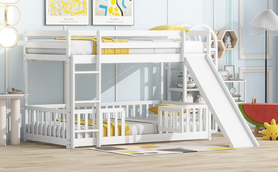 Twin Over Twin Floor Bunk Bed With Slide, Ladder, Door, Safety Guardrails, Solid Pine Wood Bunk Bed ,White Twin White Pine