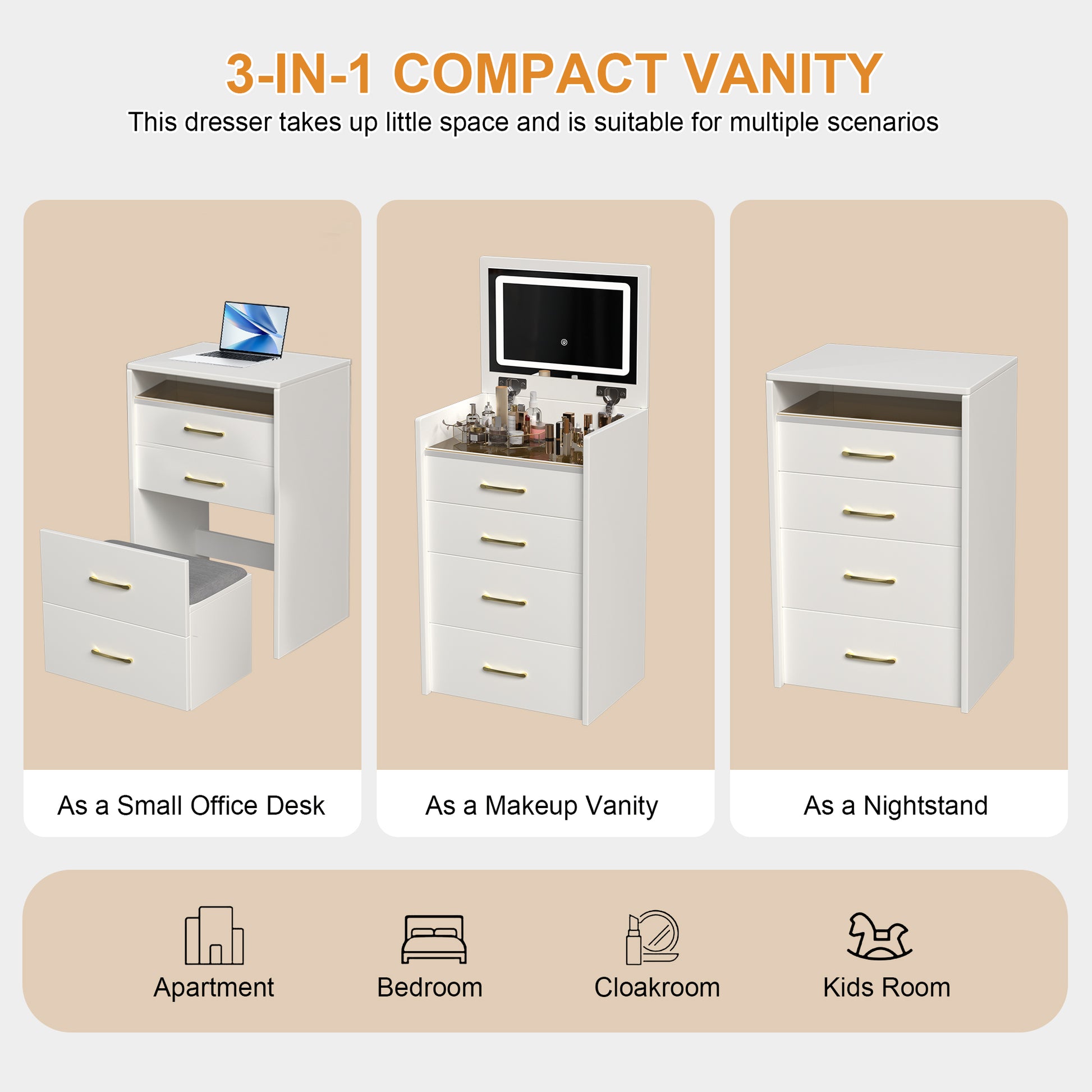 3 In 1 Vanity Desk With Open Top Mirror,Small Make Up Vanity Set With Visible Glass Desktop,Compact Makeup Vanity With 3 Drawers,Dressing Table For Bedroom White White Drawer 3 Drawers Bedroom Ball
