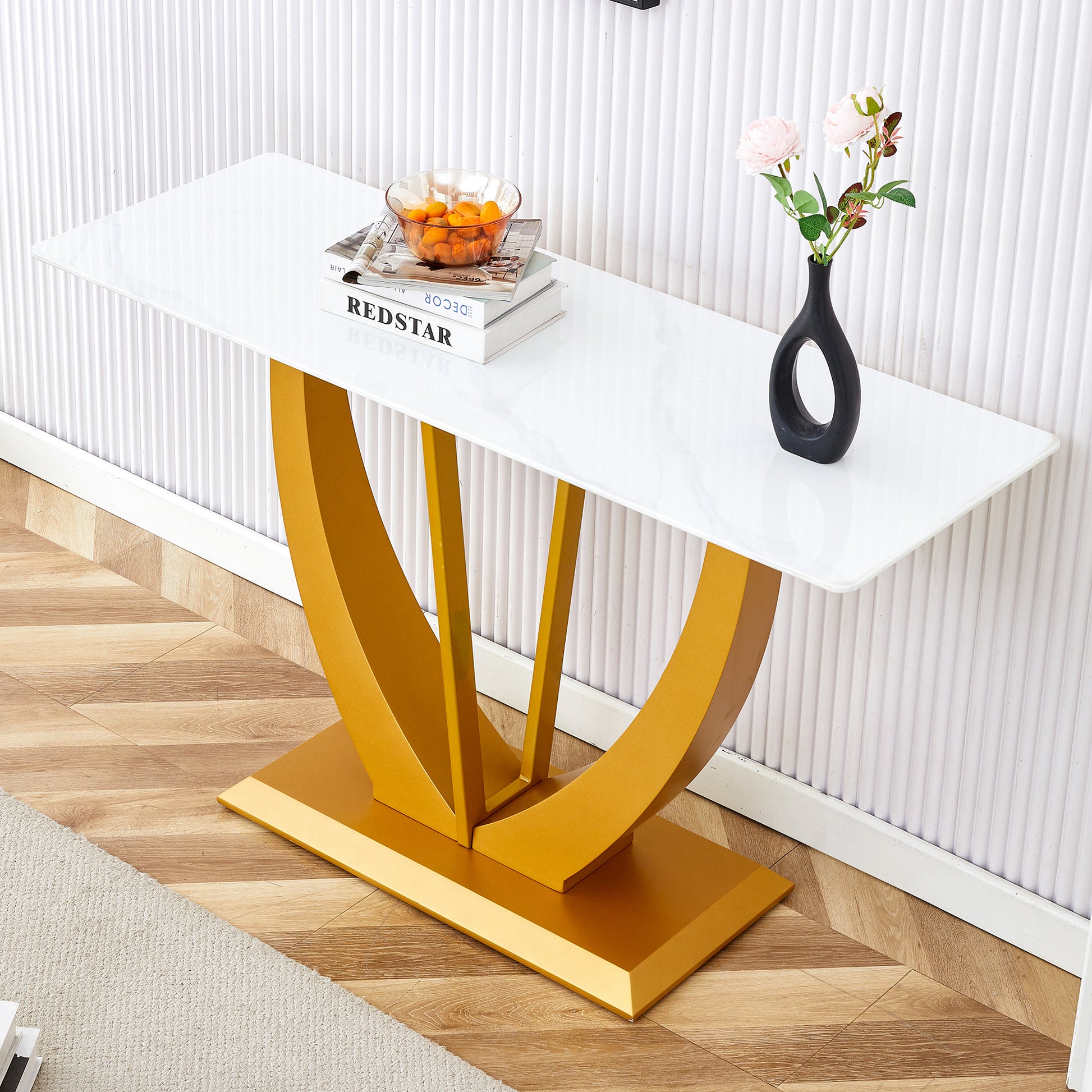 Modern And Simple Rectangular Glass Dining Table In White With A Pattern, 0.39 "White Top And Gold Legs, Suitable For Entrance And Living Room. White Glass