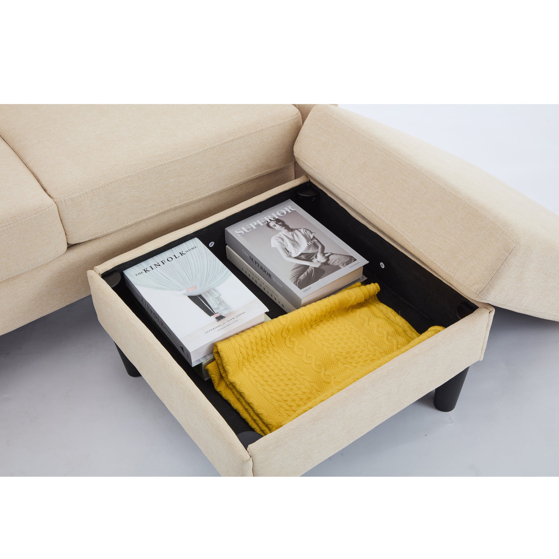 Beige Color Knock Down 3 Seat Combo Sofa With Storage Ottoman For Living Room Apartment Bedroom And Compact Room, Upholstered Sectional Couch, L Shaped Bench With A Footrest, A Individual Sto White Wood Primary Living Space Heavy Duty Pine 3 Seat Beige