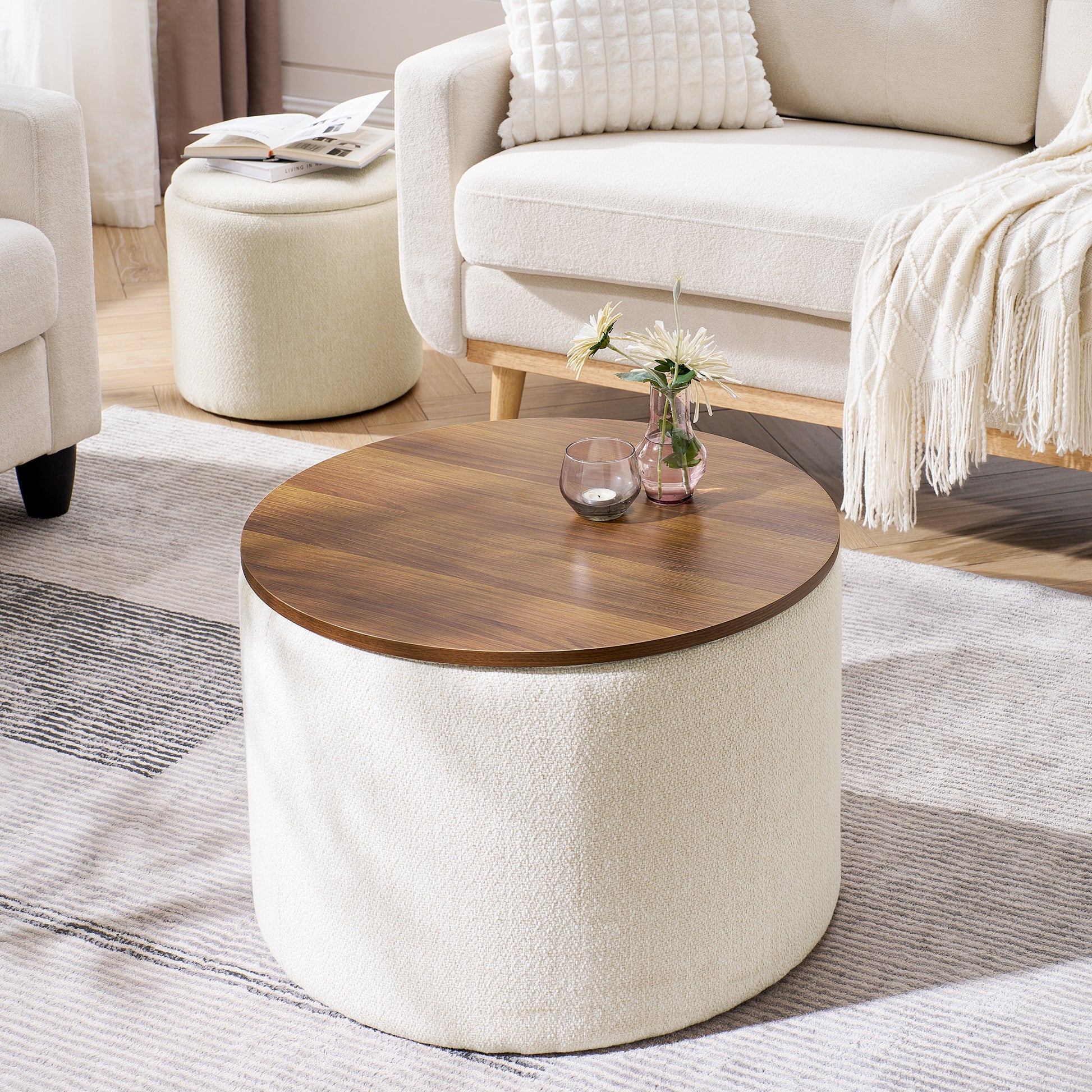 2 Piece Set Round Chenille Storage Ottoman, Equipped With A Drum Shaped Small Stool, Storage Space, And Mdf Made Desktop Panel Beige 23.62"X23.62"X16.53" Beige Chenille
