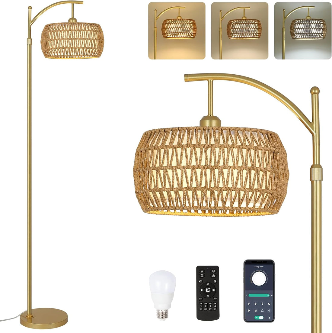 Arc Floor Lamp With 3 Color Temperatures, Led Gold Floor Lamp With Remote & Stepless Dimmable Bulb, Boho Standing Lamp With Rattan & Fabric Shades, Farmhouse Tall Lamp For Living Room Bedroom Brown Gold Rattan Metal