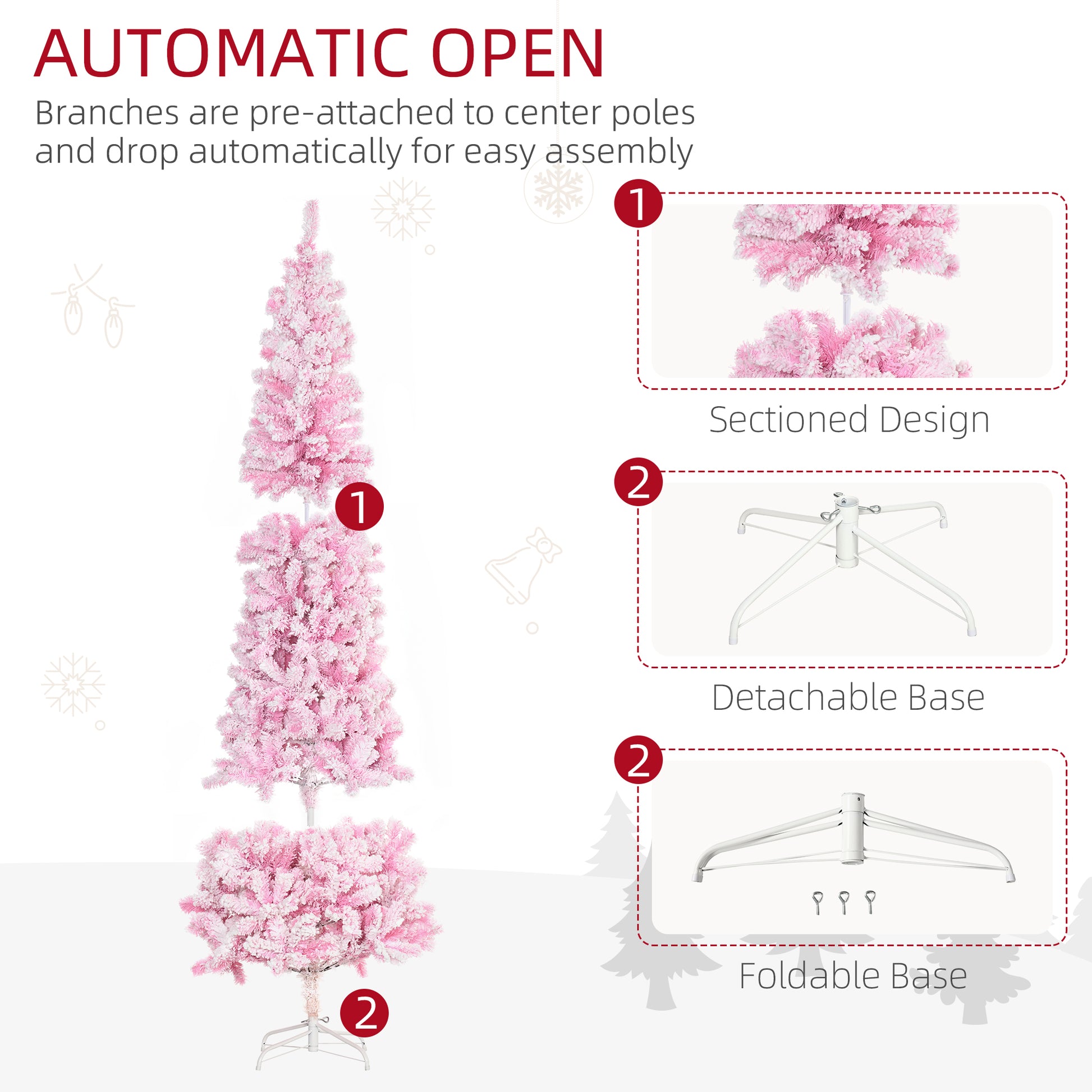 Homcom 7.5' Tall Unlit Snow Flocked Artificial Christmas Tree Slim Pencil Xmas Tree With Pine Shape And Realistic Branches, Pink Pink Plastic