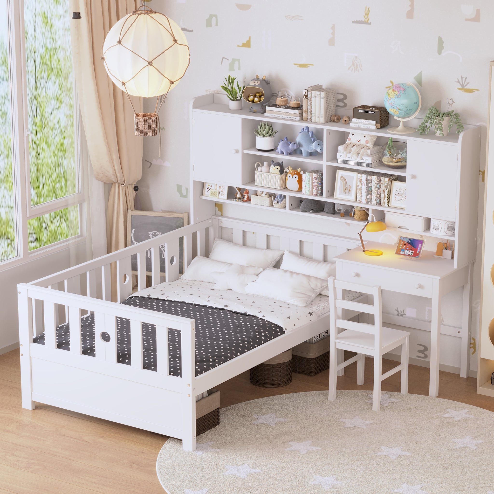 Twin Size Multifunctional Wood Platform Bed With Bookshelf At The Head Of The Bed, Built In Desk And Matching Chair, White Twin White Wood