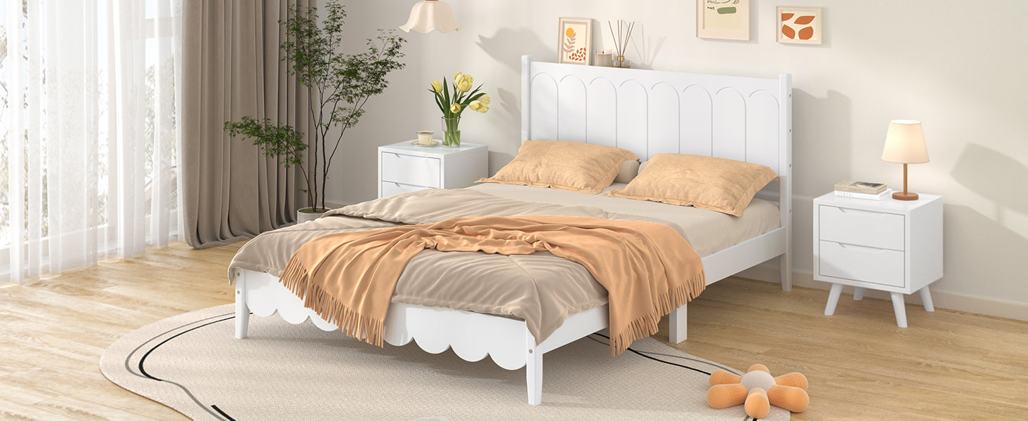 Full Size Wood Platform Bed Frame, Retro Style Bed With Rectangular Headboard,No Need Box Spring,White Full White Wood