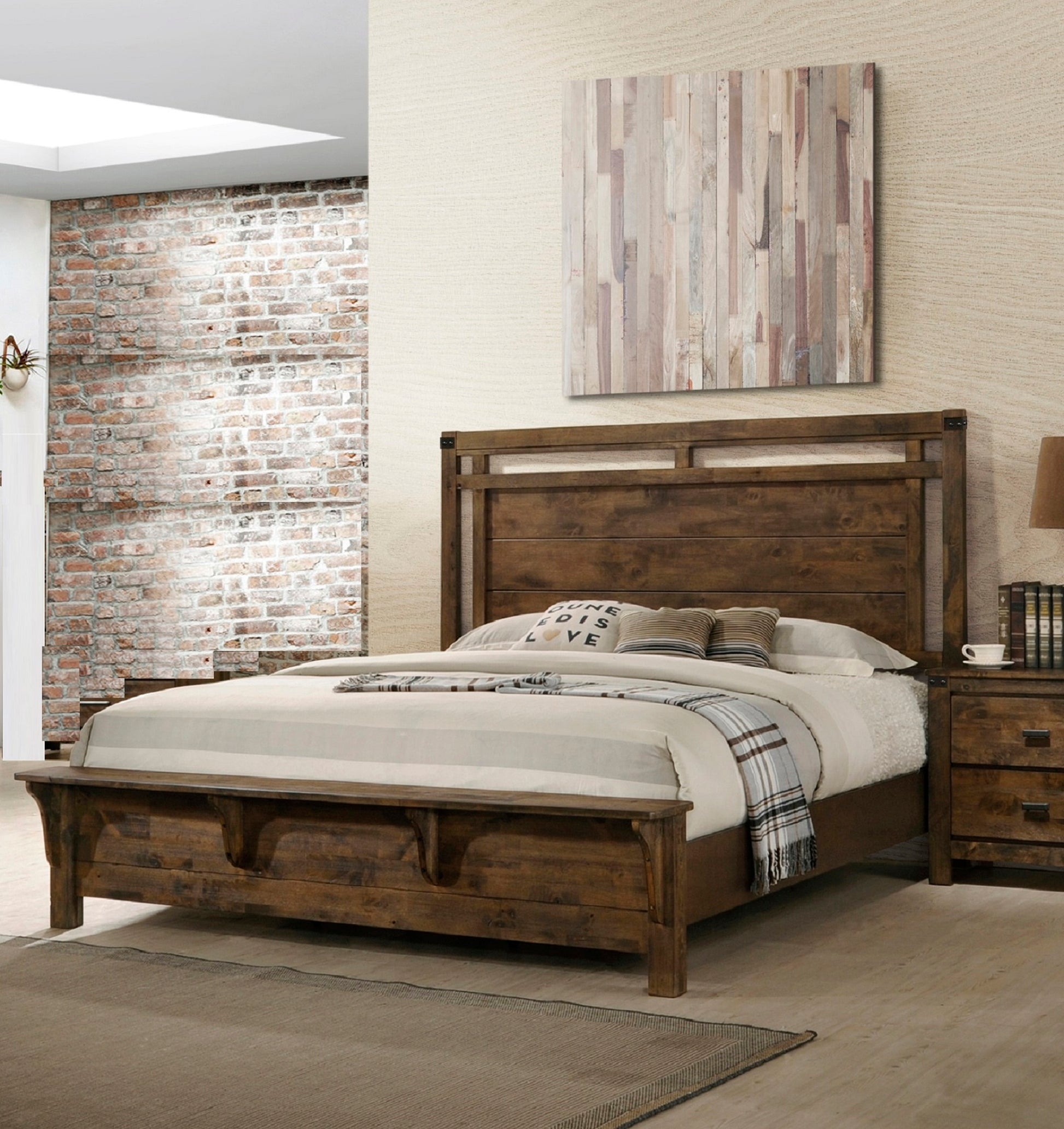 1Pc Rustic Industrial Style Brown Finish King Size Panel Bed W Built In Bench Footboard Solid Wood Wooden Bedroom Furniture Queen Brown Brown Wood Bedroom Contemporary,Industrial,Rustic Solid