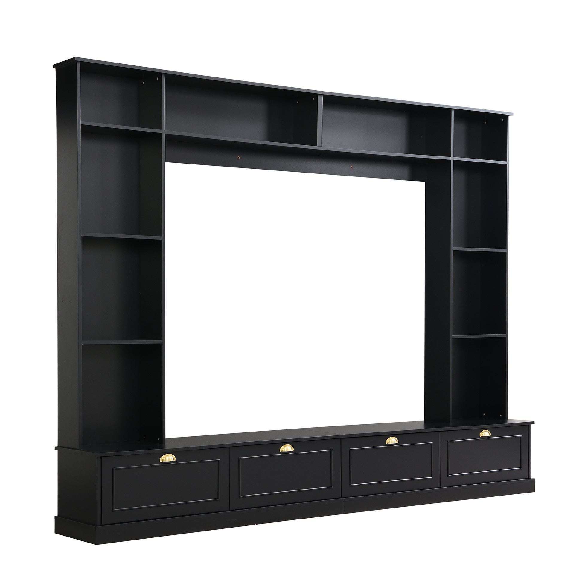 Large Wall Unit Entertainment Center With Bookshelves For Tvs Up To 78'', Modern Tv Console With Cabinets And Open Shelves, 4 In 1 Tv Stand With Golden Handles, Black, 104.2''W*81.2''H Black 70 79 Inches Mdf