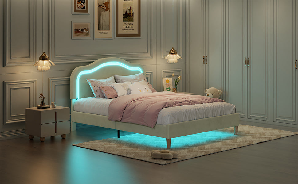 Full Size Velvet Upholstered Smart Led Bed Frame With Adjustable Height Headboard,No Box Spring Needed,Easy Assembly,Beige Box Spring Not Required Full Beige Wood Bedroom Cute,Modern Bed Frame Wood