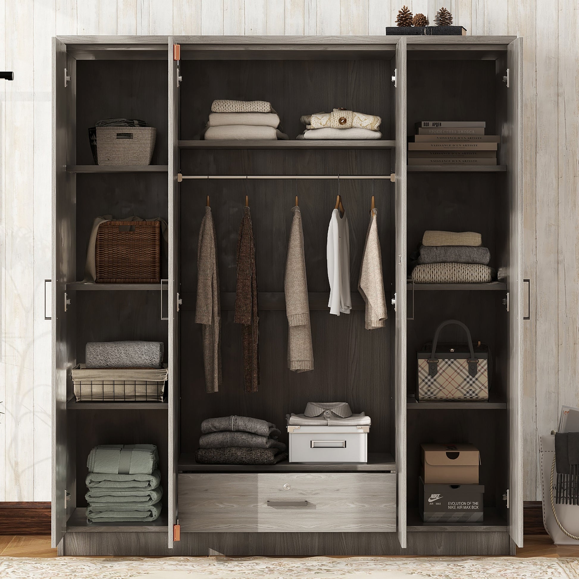 4 Door Wardrobe With 1 Drawer, Gray Grey Gray Bedroom Contemporary Mdf