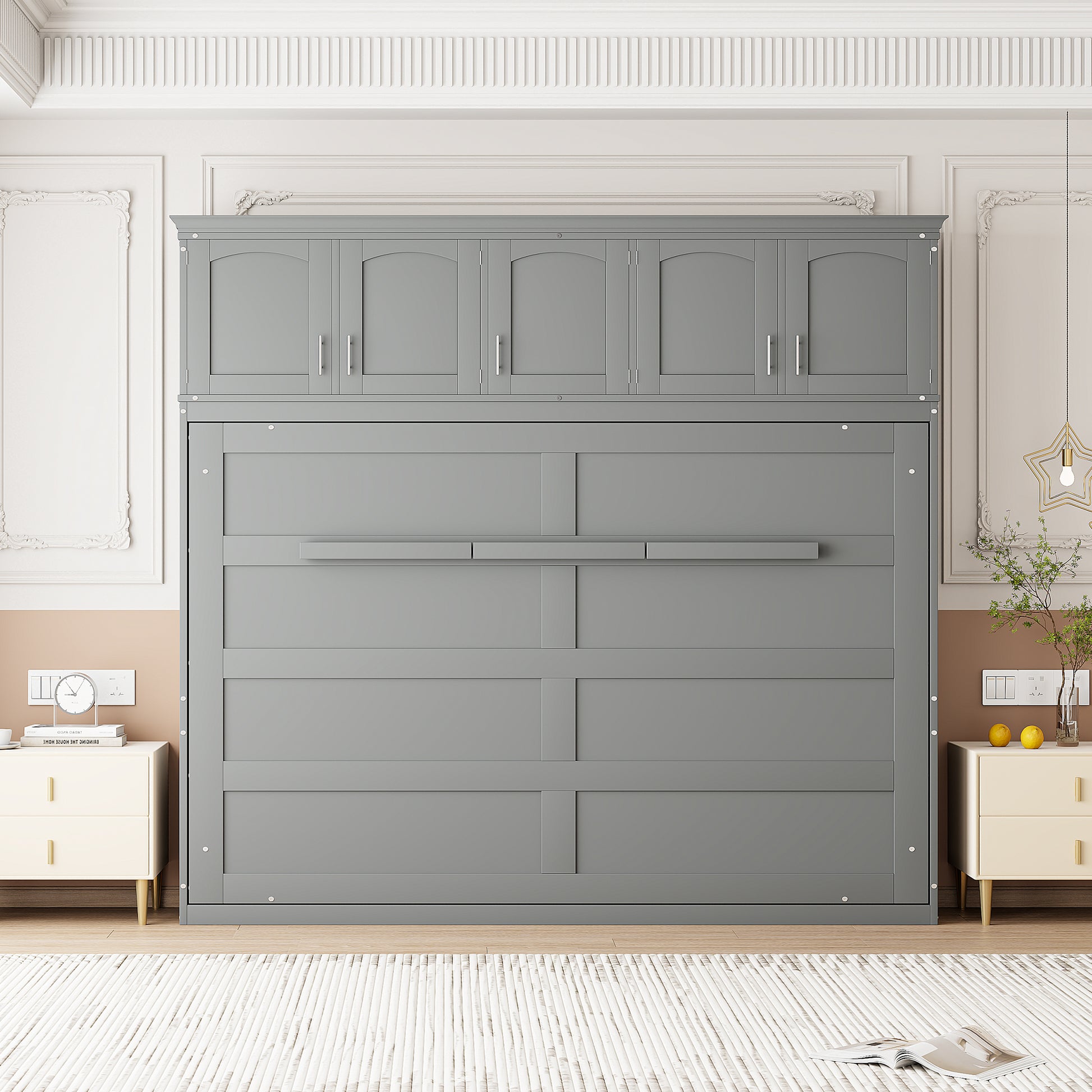 Queen Size Murphy Bed Wall Bed With Top Cabinets,Gray Queen Gray Plywood