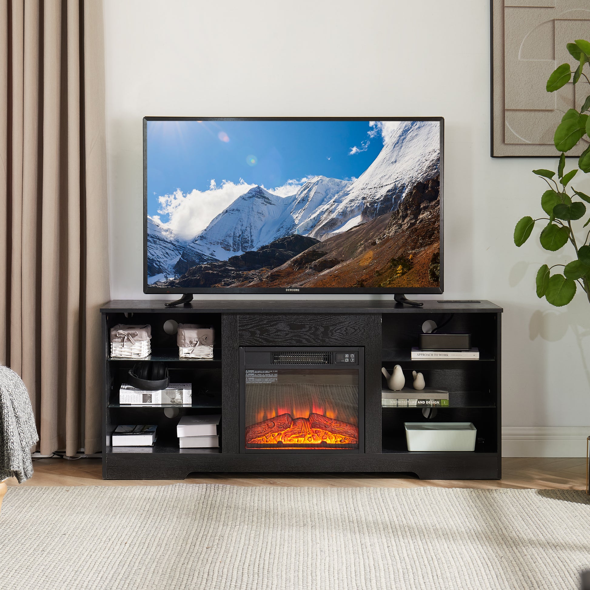 Tv Stand Electric Fireplace Glass Shelves, 3D Fireplace Tv Stand With Led Lights Wood With Usb Charging Outlet Modern Television Table Center For Tv Up To 62" Black 58''W*15.5''D*24.4 Black 50 59