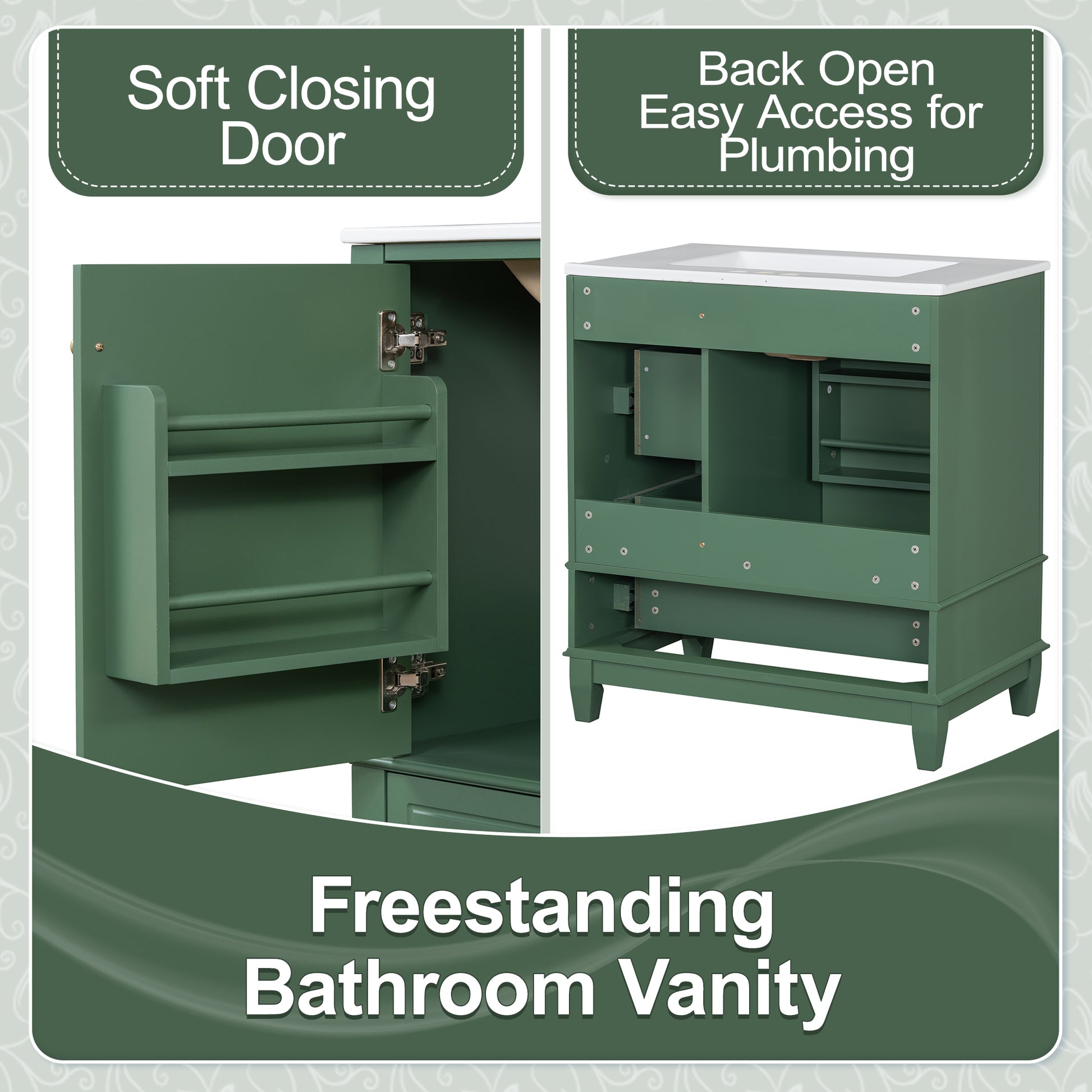 30" Bathroom Vanity With Sink, One Door With Shelf And Three Drawers, Soft Close Door, Green Green Ceramic Mdf,Rubber Wood
