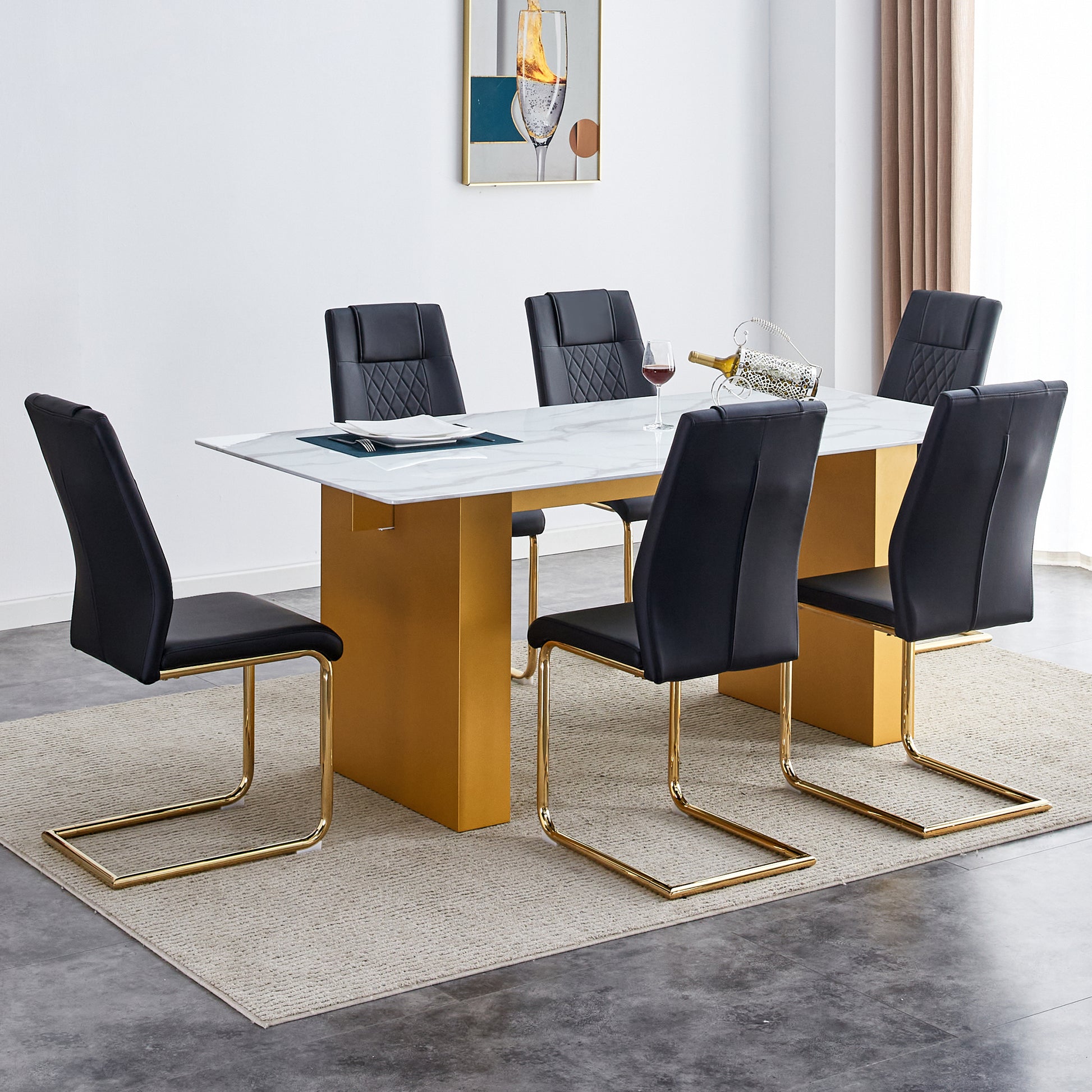 Table And Chair Set.Large Modern Rectangular Table With 0.4 Inch Patterned Glass Tabletop And Large Mdf Table Legs.Comes With 6 Chairs With Faux Leather Cushioned Seats And Golden Metal Legs. Gold White Seats 6 Mdf Glass