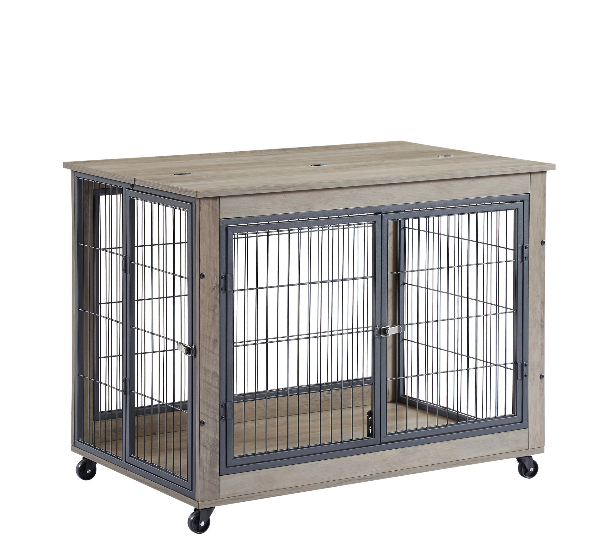 Furniture Style Dog Crate Side Table On Wheels With Double Doors And Lift Top.Grey,38.58''W X 25.5''D X 27.36''H. Grey Particle Board