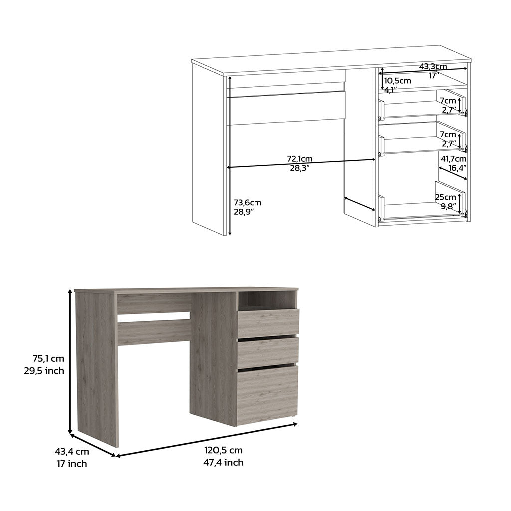 Kenai 3 Drawers Computer Desk, One Shelf, Light Gray Gray Particle Board Particle Board