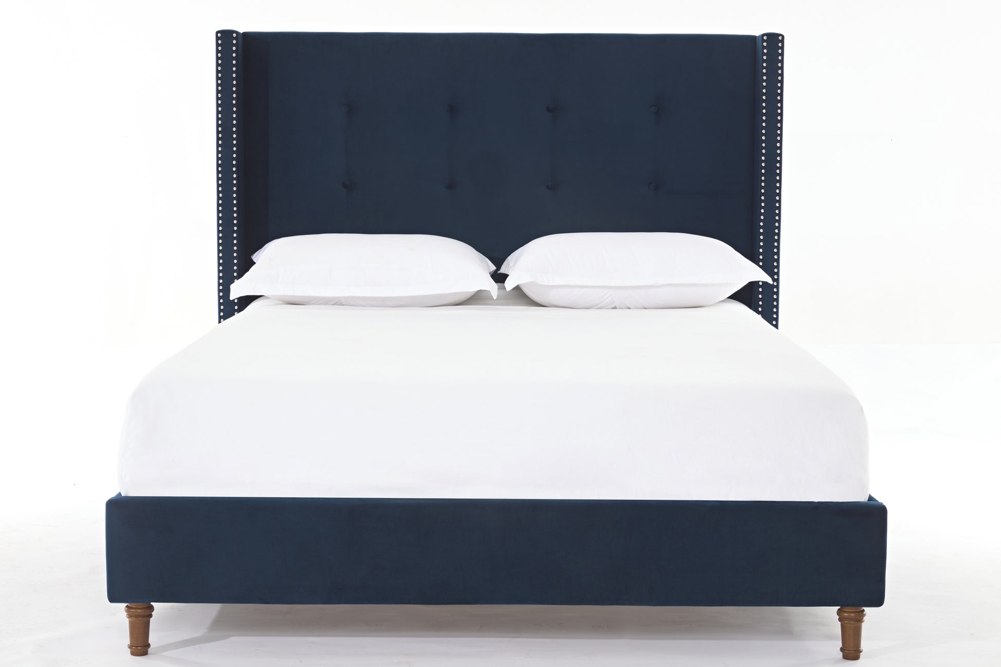Peyton Upholstered Queen Bed 54" High Headboard Traditional Hand Buttoned Tufting Trim Wingback No Box Spring Needed Easy Assembly Blue Velvet Box Spring Not Required Queen Blue Metal Brown Bedroom Classic,European,Modern,Traditional Oak Bed Frame Foam