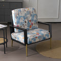 Retro Low Back Floral Print Velvet Accent Armchair With Gold Metal Legs & Rubberwood Frame, Wide Armrest Mid Century Lounge Chair With Pillow Back, Sofa Chair For Living Room & Balcony, Blue Floral